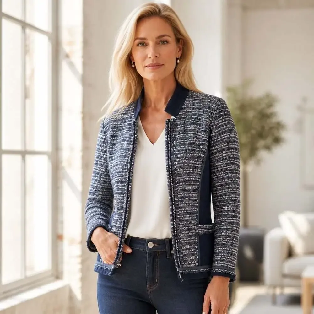 Chico's Blue White Tweed & Denim Panel Open Front Jacket Size 3 XL